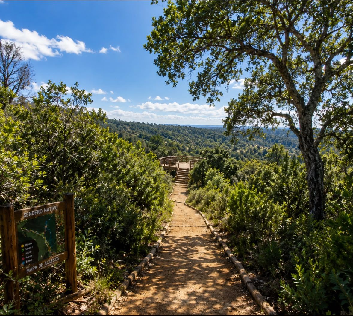 Entrada al sendero nativo con letrero y mirador de madera