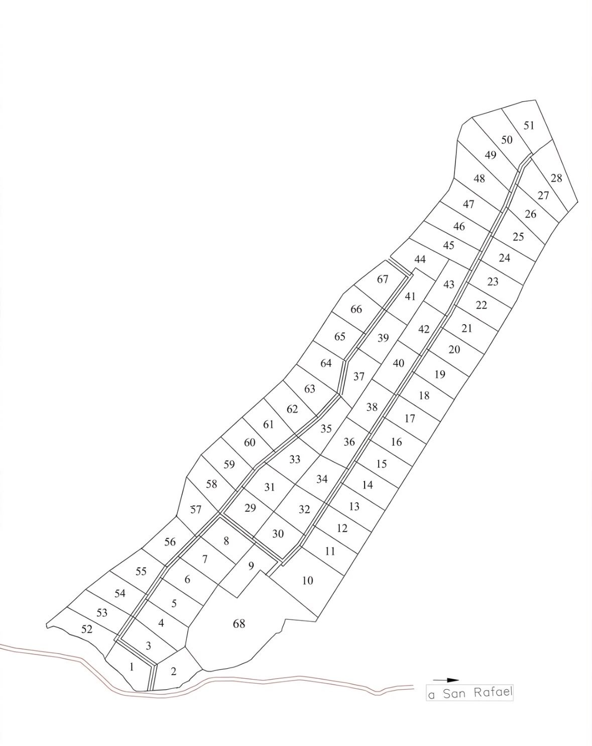 Plano del loteo Sendero Nativo con parcelas numeradas a lo largo de los caminos interiores